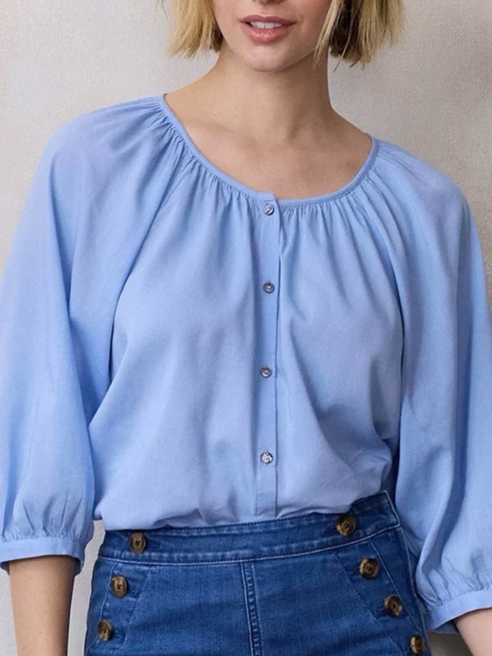 LC Lauren Conrad Light Blue Gathered Neck Button-Front Blouse